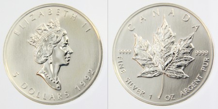 34 EUR  5 Dolares 1992  Canada plata 9999  31,1 gr